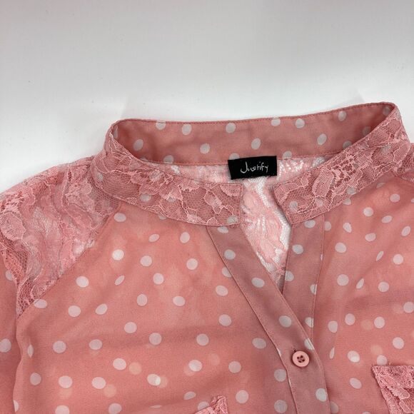 Women's Pink Sheer Polka Dot Button Up Blouse Lace Pockets Mock Collar Coquette - Picture 2 of 12